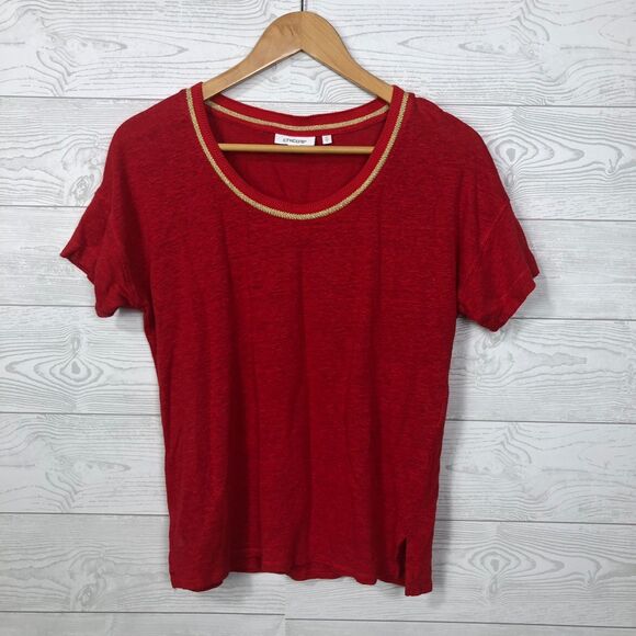 Chico's Women's Sweater Trim Linen Tee in Red Glow Short Sleeve Size 0/Small - Picture 2 of 6